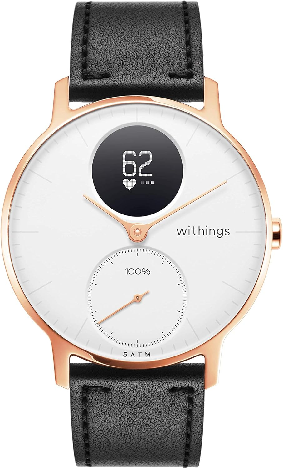 Une montre connectée or rose avec bracelet en cuir noir, cadran affiche 62.