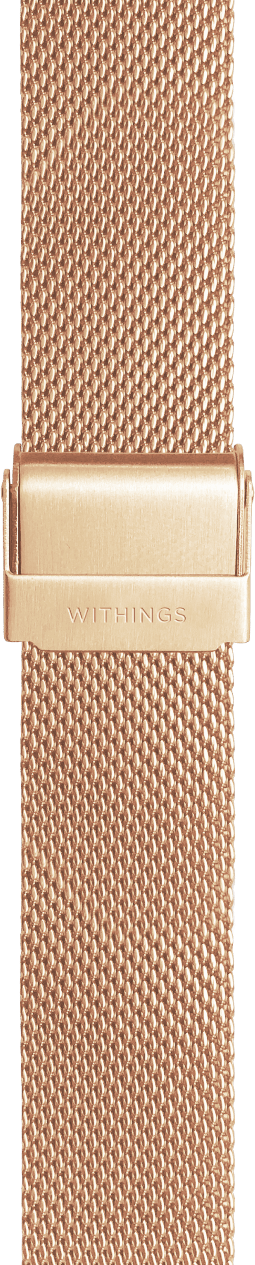 Bracelet de montre milanais or rose avec boucle argentée et logo.