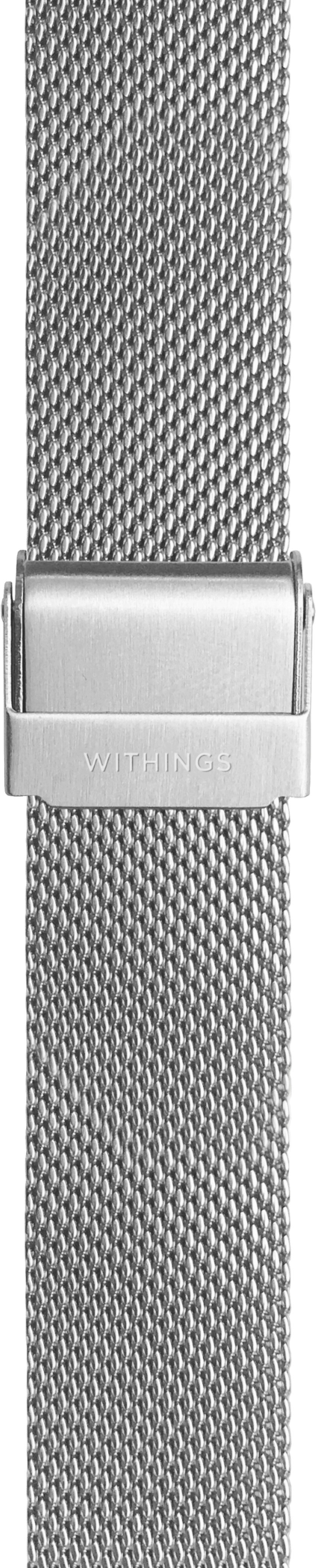 Cinturino in rete metallica argentata con chiusura logo 'WITHINGS'.