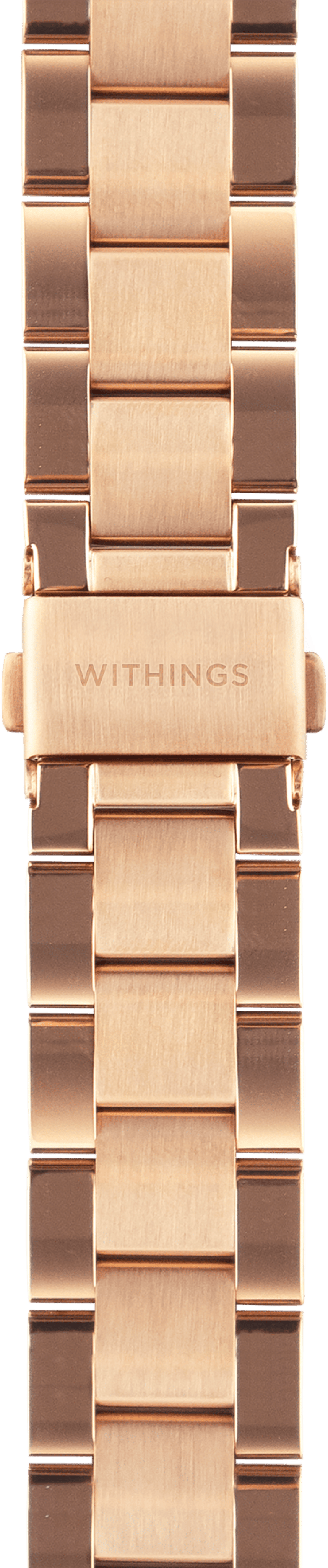 Gros plan d'un bracelet de montre or rose avec logo en relief.