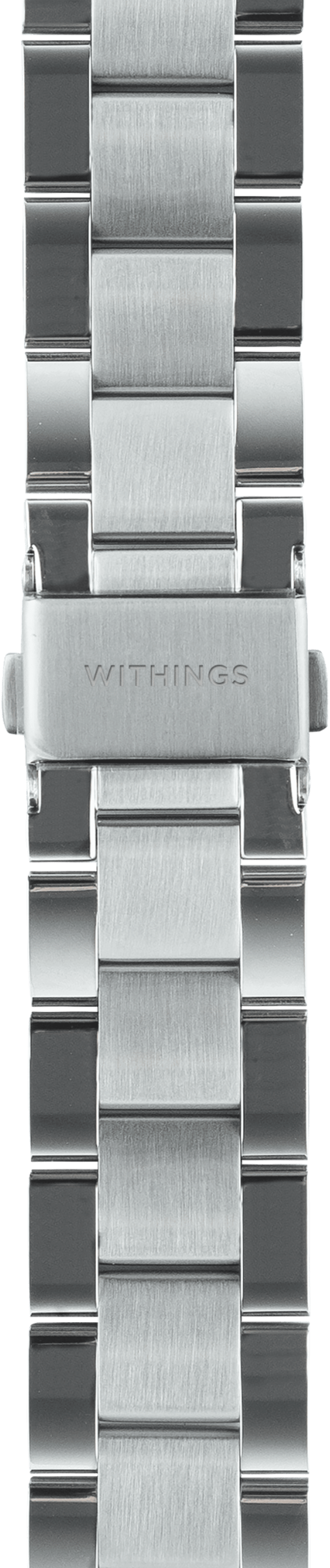 Un bracelet de montre argenté avec l'inscription WITHINGS est montré sur fond noir.