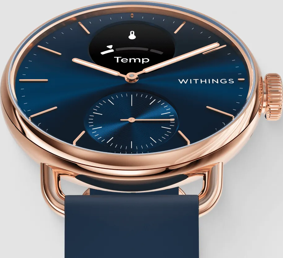 Roségoldene Smartwatch mit blauem Zifferblatt, zeigt 'Temp' und eine Hilfswahl.
