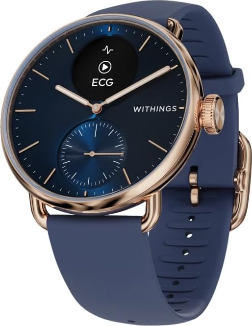 Eine blaue Smartwatch mit roségoldenem Gehäuse und einem dunklen Zifferblatt. Der Bildschirm zeigt ein EKG-Symbol.