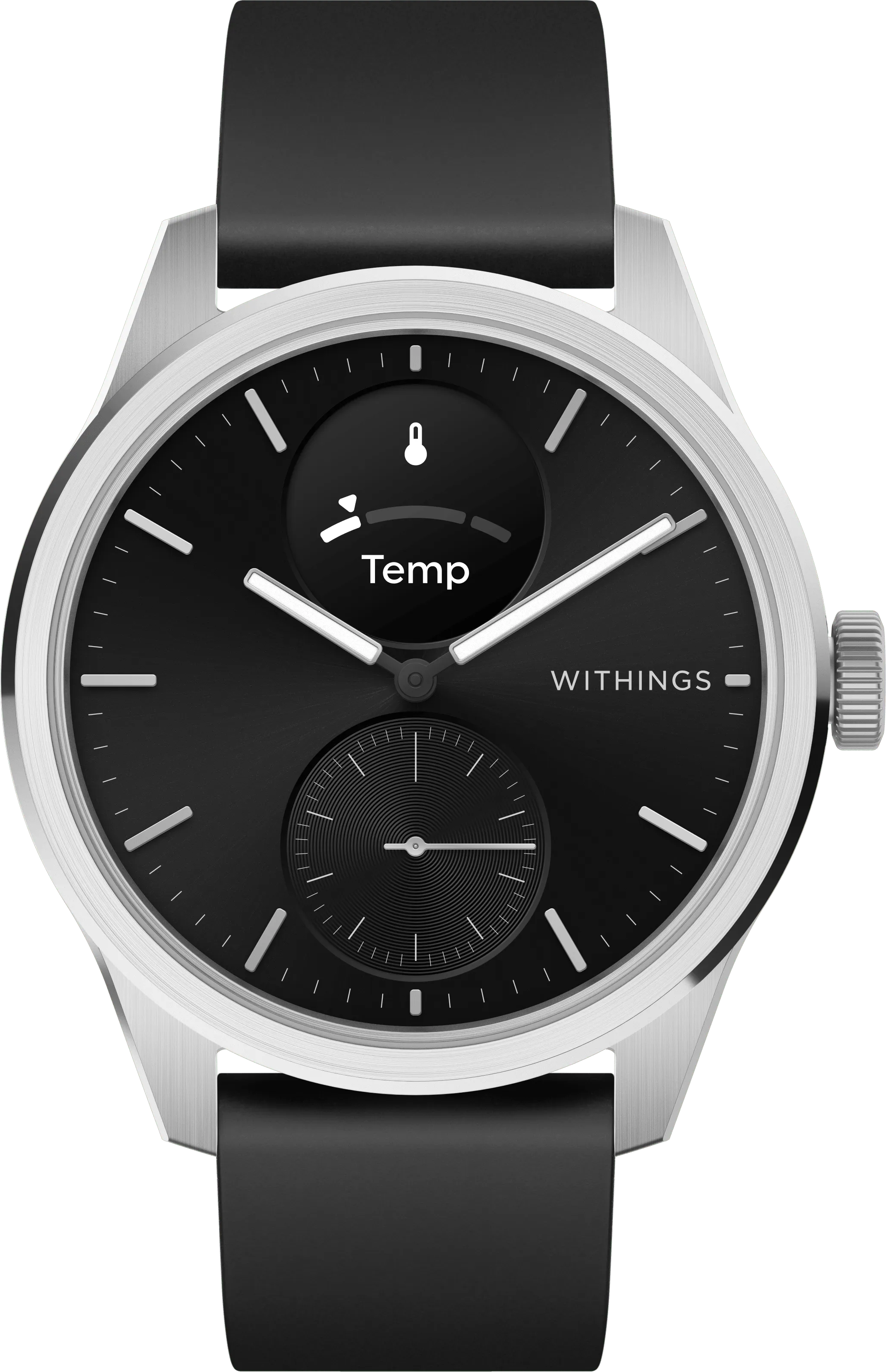 Gros plan d'une montre connectée noire avec boîtier et bracelet argentés. La montre affiche la température.