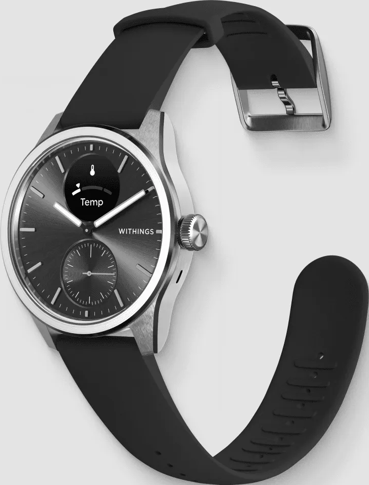 Une montre connectée grise avec bracelet noir affiche 'Temp' sur son cadran sombre.