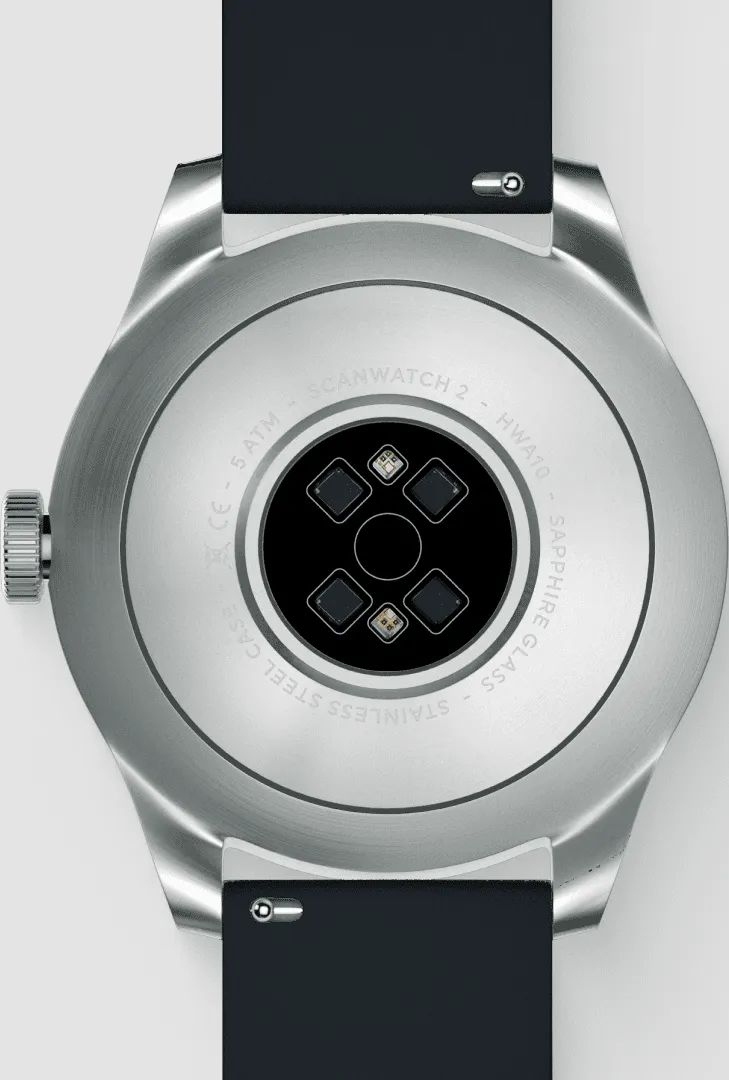 Arrière d'une montre connectée avec capteurs, boîtier argenté et bracelet noir.
