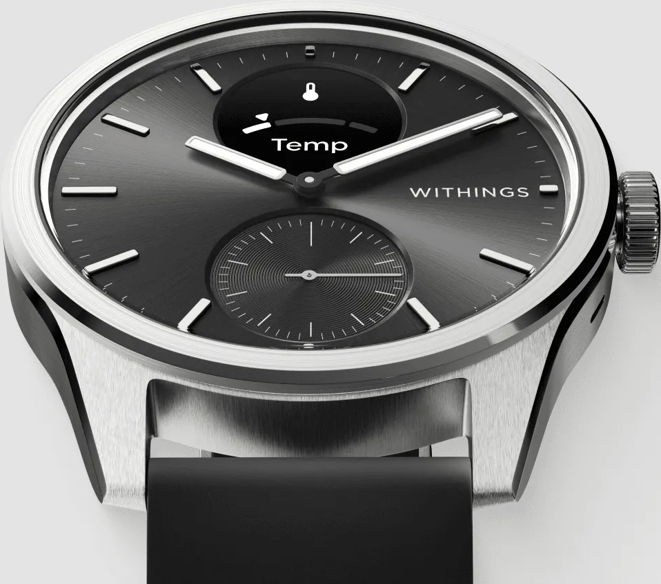 Gros plan d'une montre connectée grise ronde avec boîtier argenté et cadran noir.