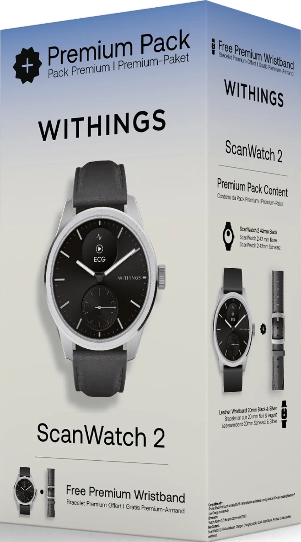 Pack Premium Withings ScanWatch 2 avec cadran noir et bracelet cuir.