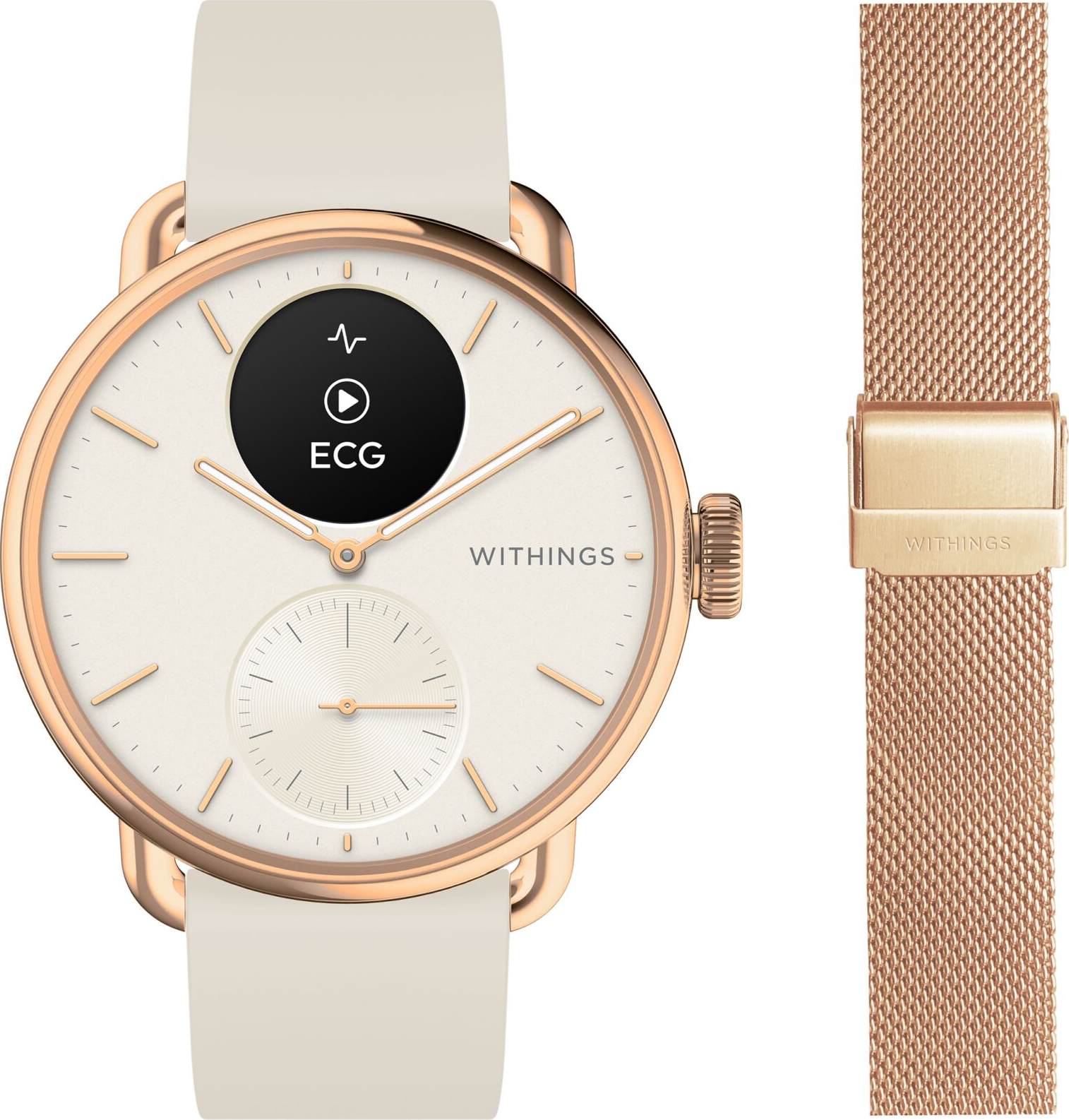 Eine goldfarbene Smartwatch mit weißem Armband und roségoldenem Gehäuse.