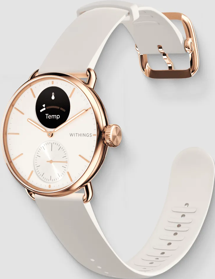 Eine weiße Smartwatch mit Roségold-Akzenten und einem runden Zifferblatt.