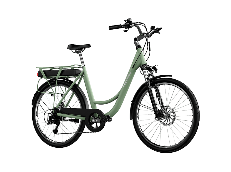 Bicicleta de ciudad - Cecotec Capital, electrica ruedas 28", 80 km autonomía, Shimano 6 velocidades, Doble freno disco, Verde