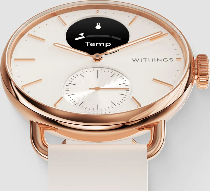 Eine Nahaufnahme einer weißen Smartwatch mit roségoldenem Gehäuse und weißem Armband.