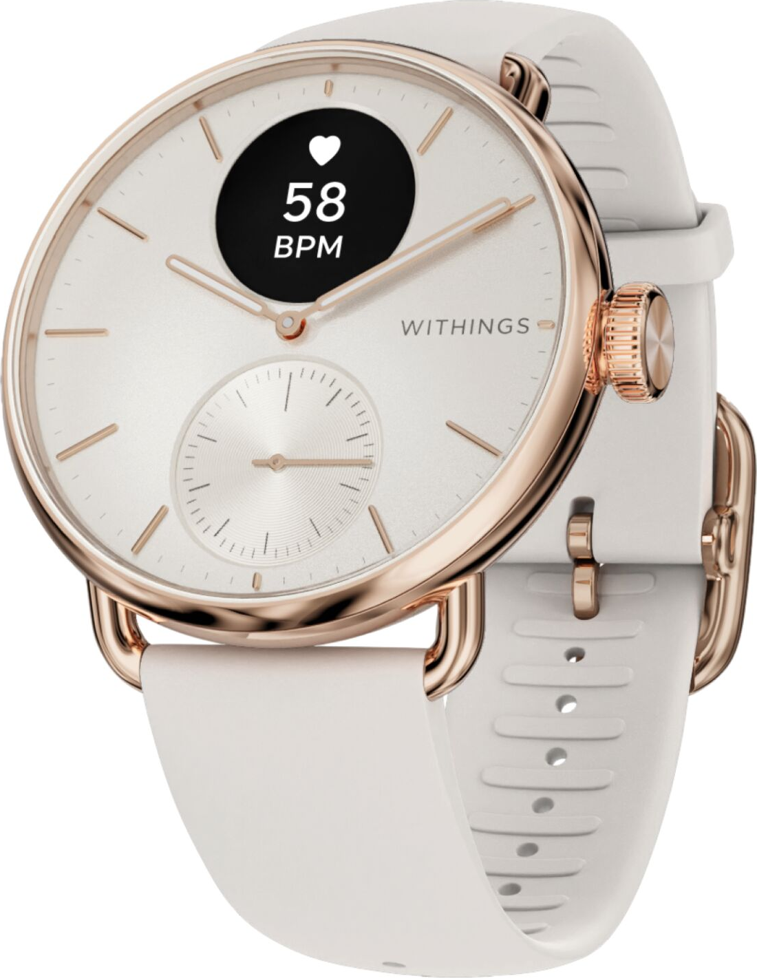 Eine weiße Smartwatch mit roségoldenem Gehäuse und Herzfrequenzanzeige.