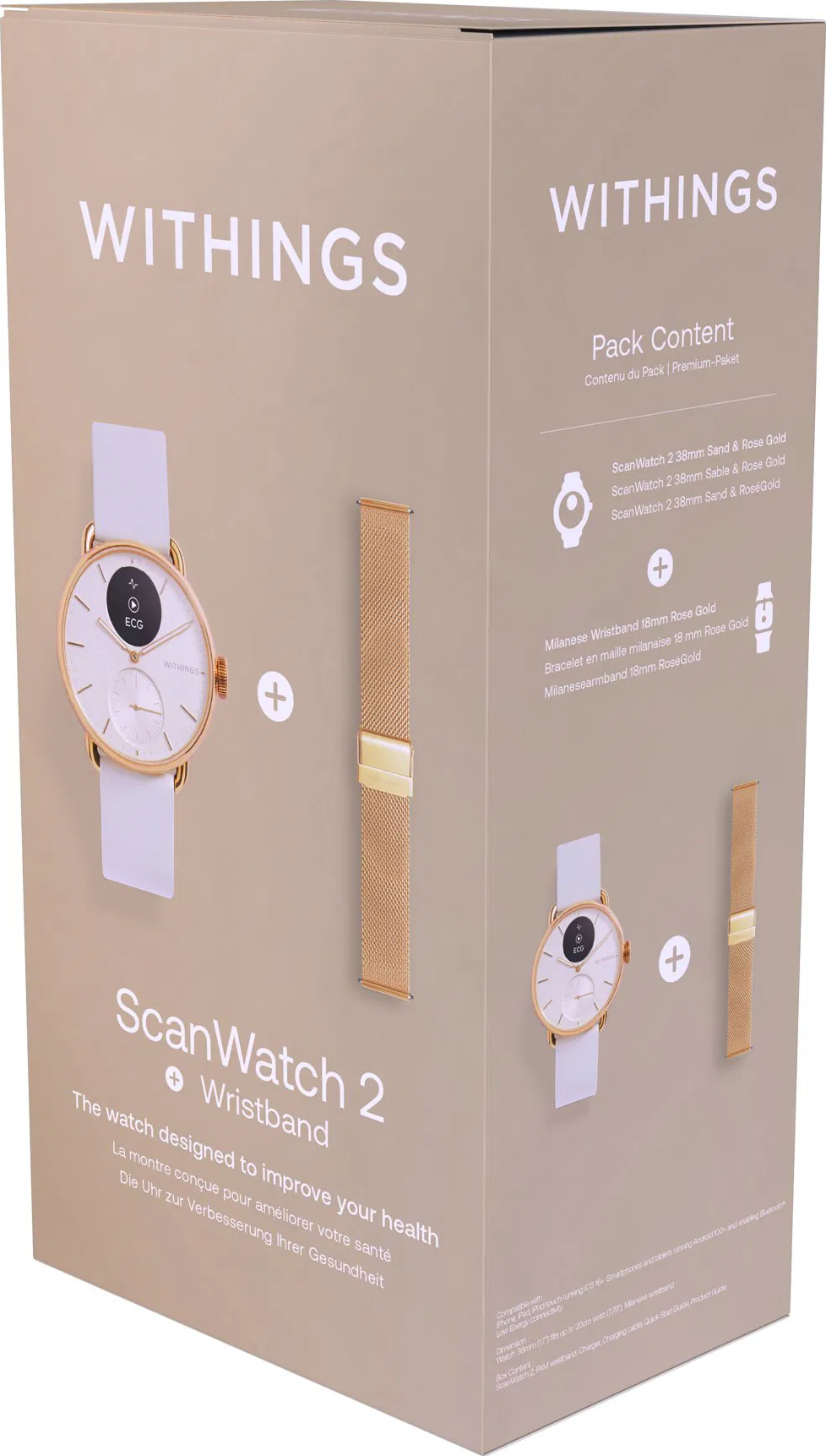 Eine cremefarbene Box zeigt eine Withings ScanWatch 2 und ein Mailänder Armband in Roségold.