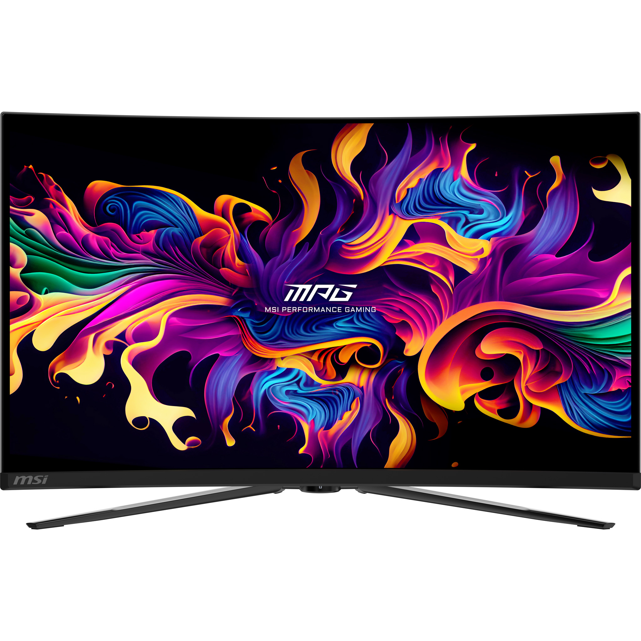Ein gebogener Gaming-Monitor mit einem bunten, abstrakten Hintergrund im Flammen-Design.
