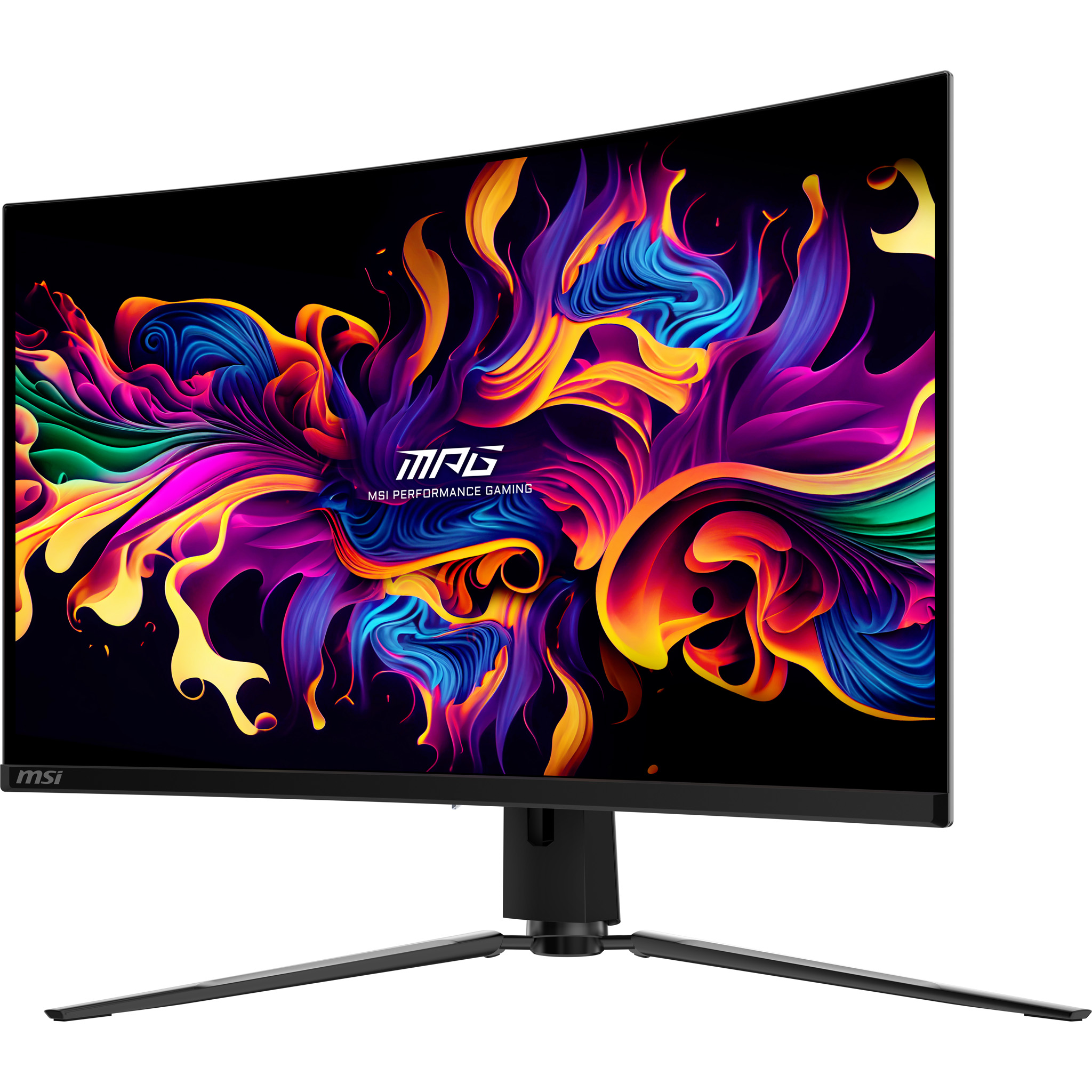 Ein gekrümmter MSI-Gaming-Monitor mit einem bunten, flammenartigen Hintergrundbild.