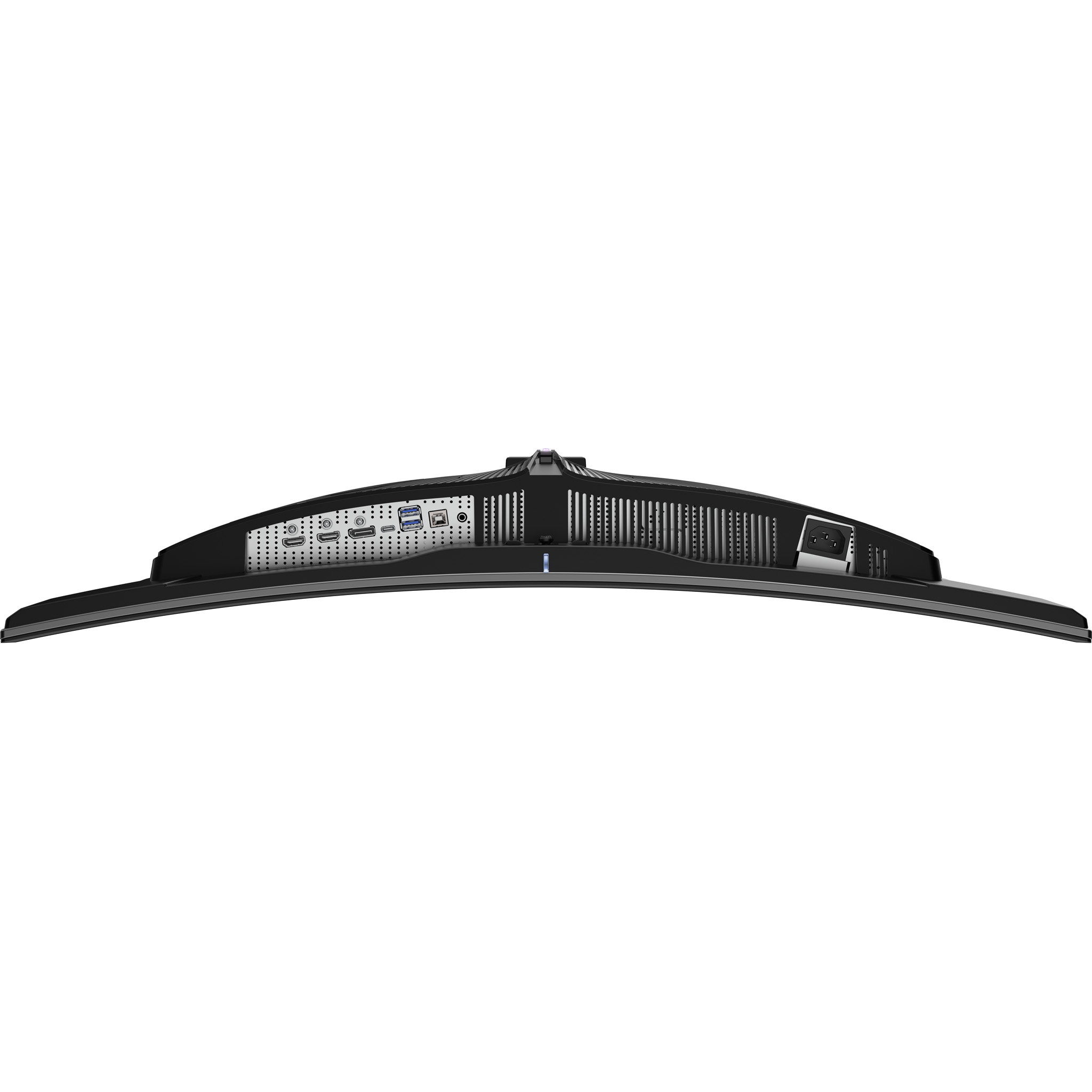 Rückseite eines gekrümmten Monitors mit Anschlüssen: USB, HDMI, Strom.