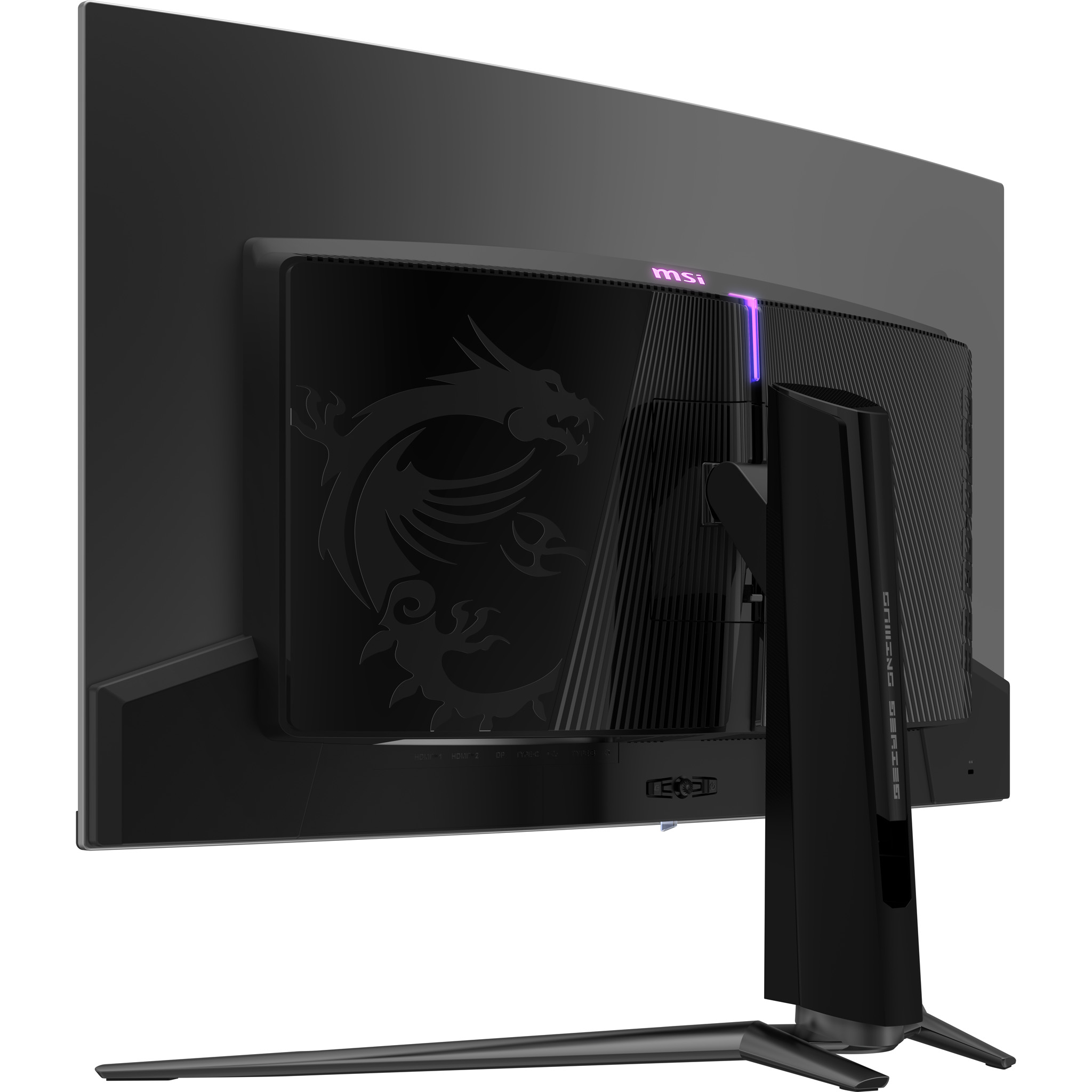 Rückseite eines schwarzen MSI Gaming Monitors mit Drachenlogo und RGB-Lichtleiste.