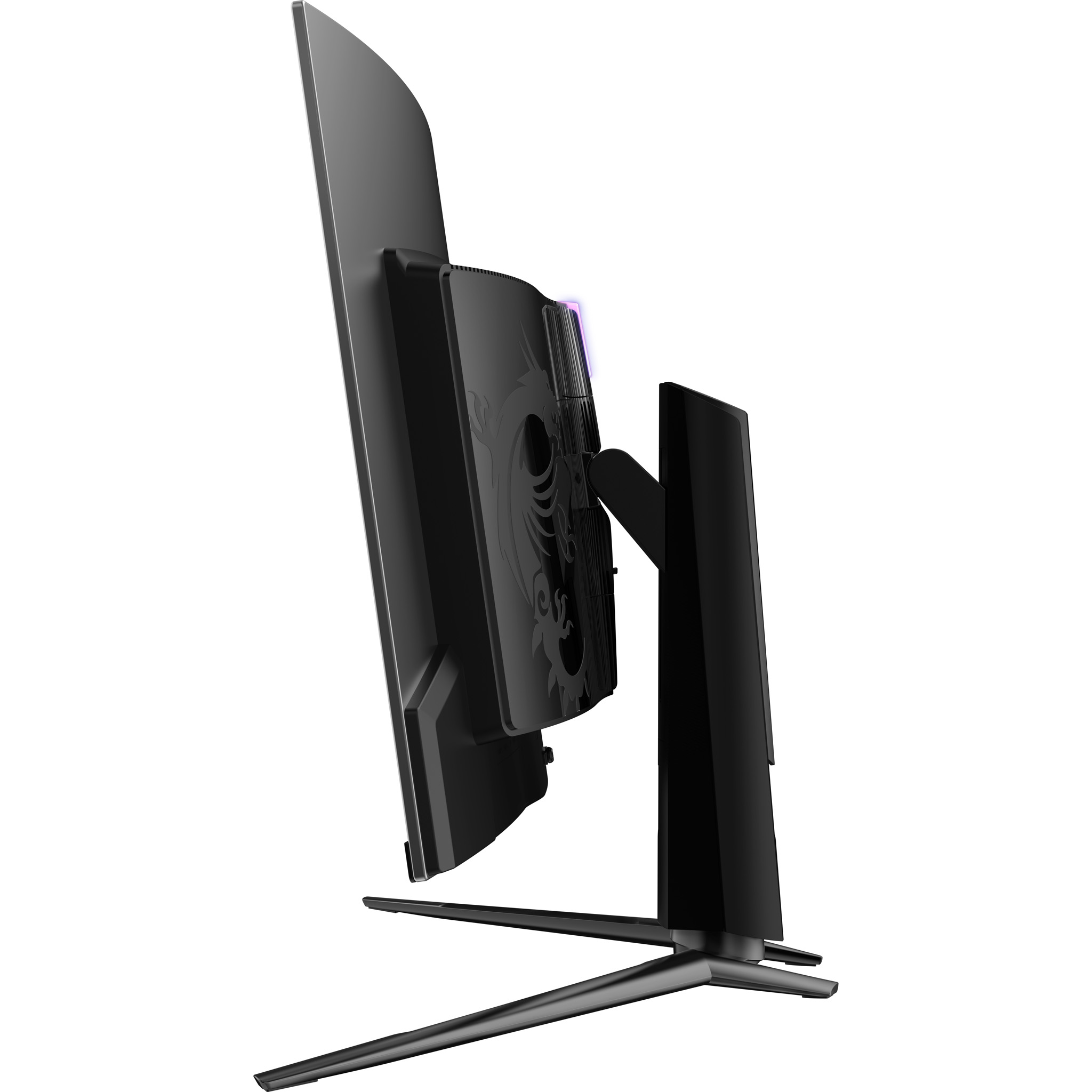 Schwarzer Gaming-Monitor mit Dragon-Logo und RGB-Beleuchtung auf dem Ständer.