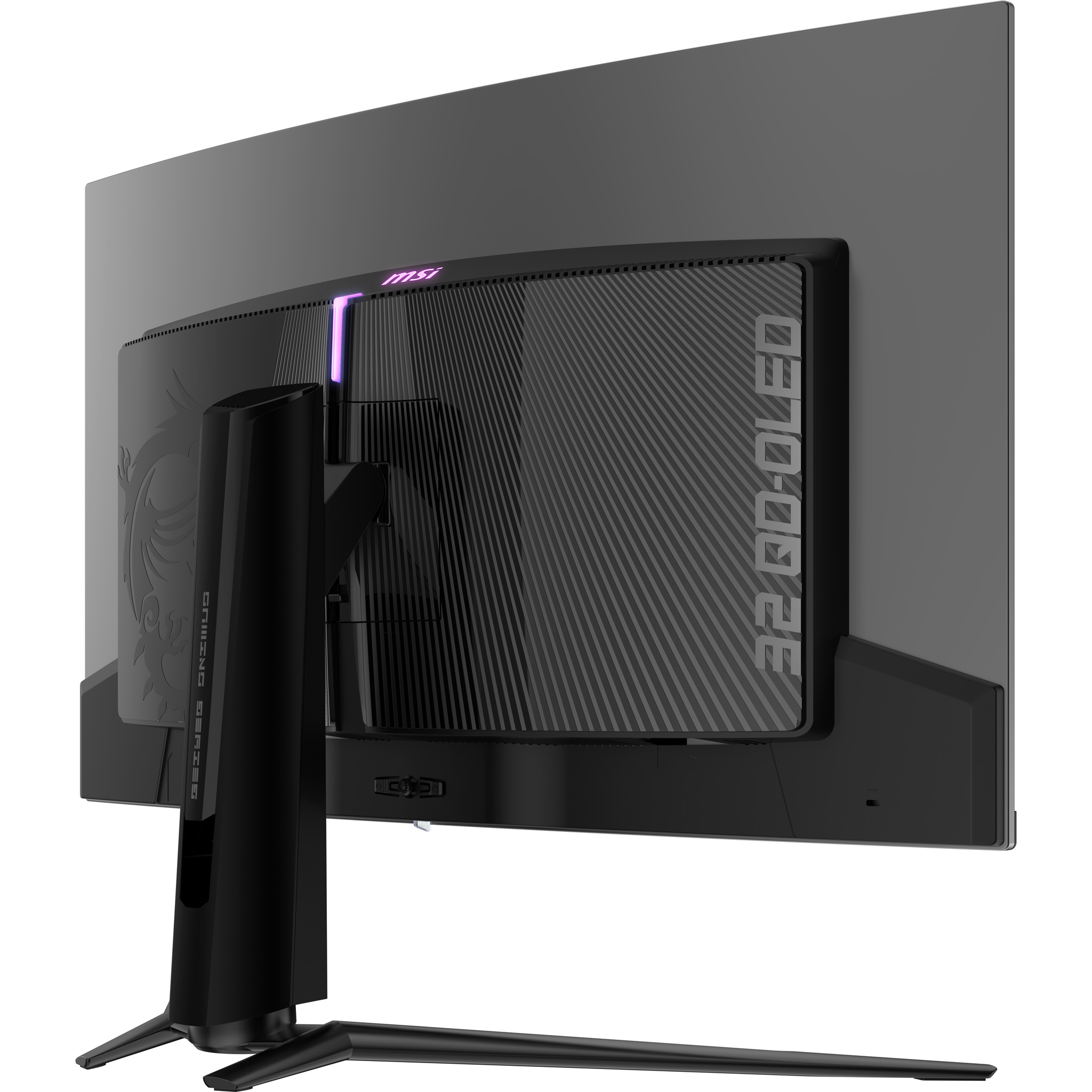 Rückseite eines schwarzen MSI Gaming-Monitors mit RGB-Beleuchtung und "32 QD-OLED" Schriftzug.