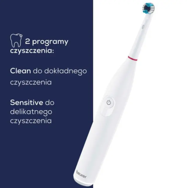 Biała szczoteczka elektryczna z dwoma trybami czyszczenia: Clean i Sensitive.