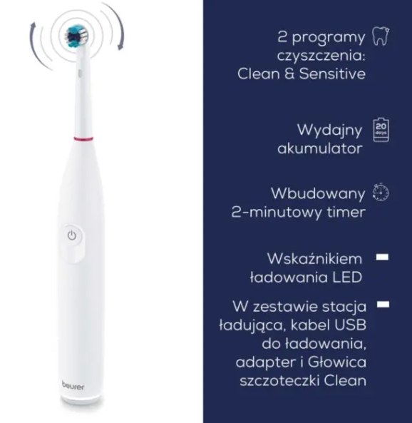 Biała szczoteczka elektryczna z niebieską główką, timerem, LED.