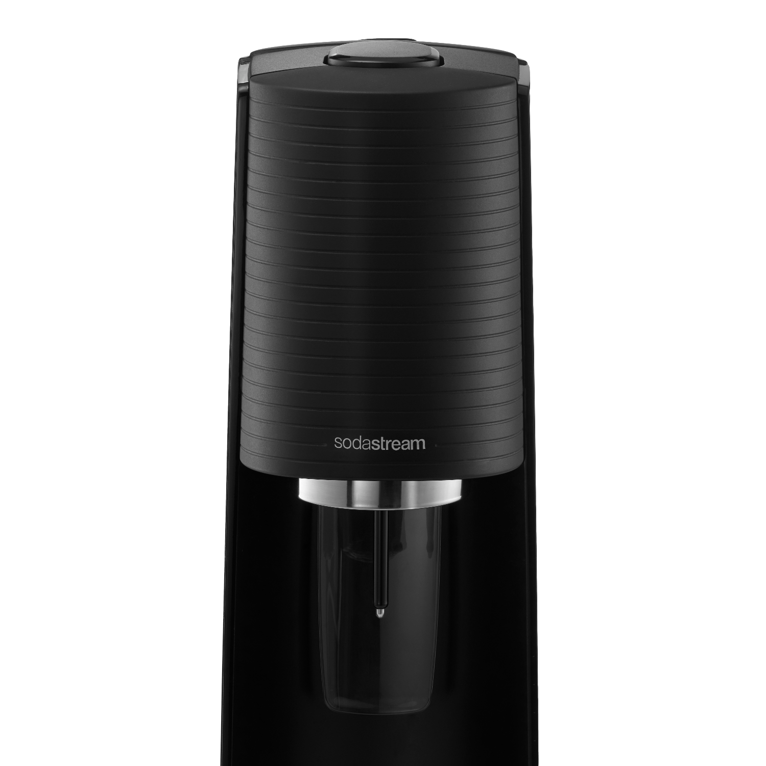 Una SodaStream negra con cuerpo acanalado y botella de cristal.