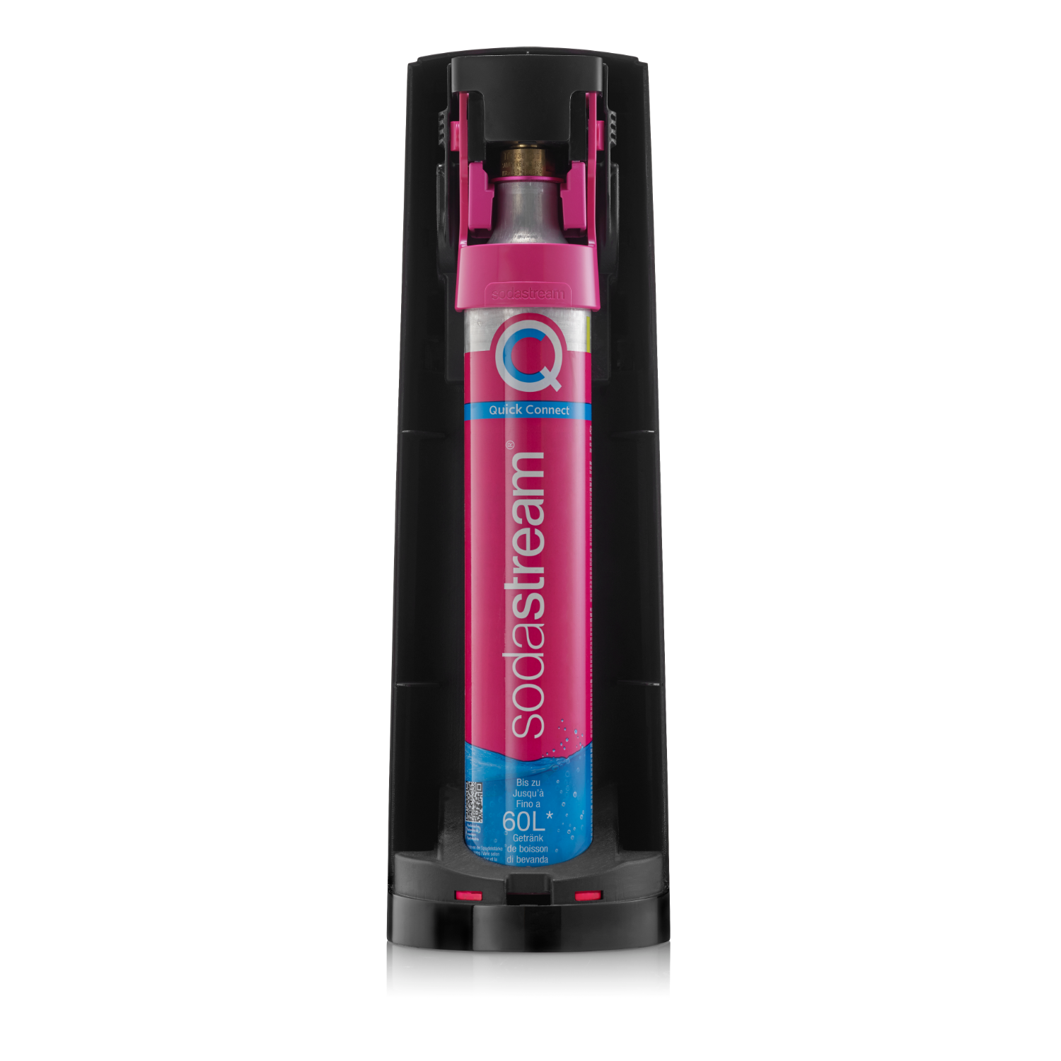 Un cilindro Sodastream rosa con texto blanco, sujeto en un soporte negro.