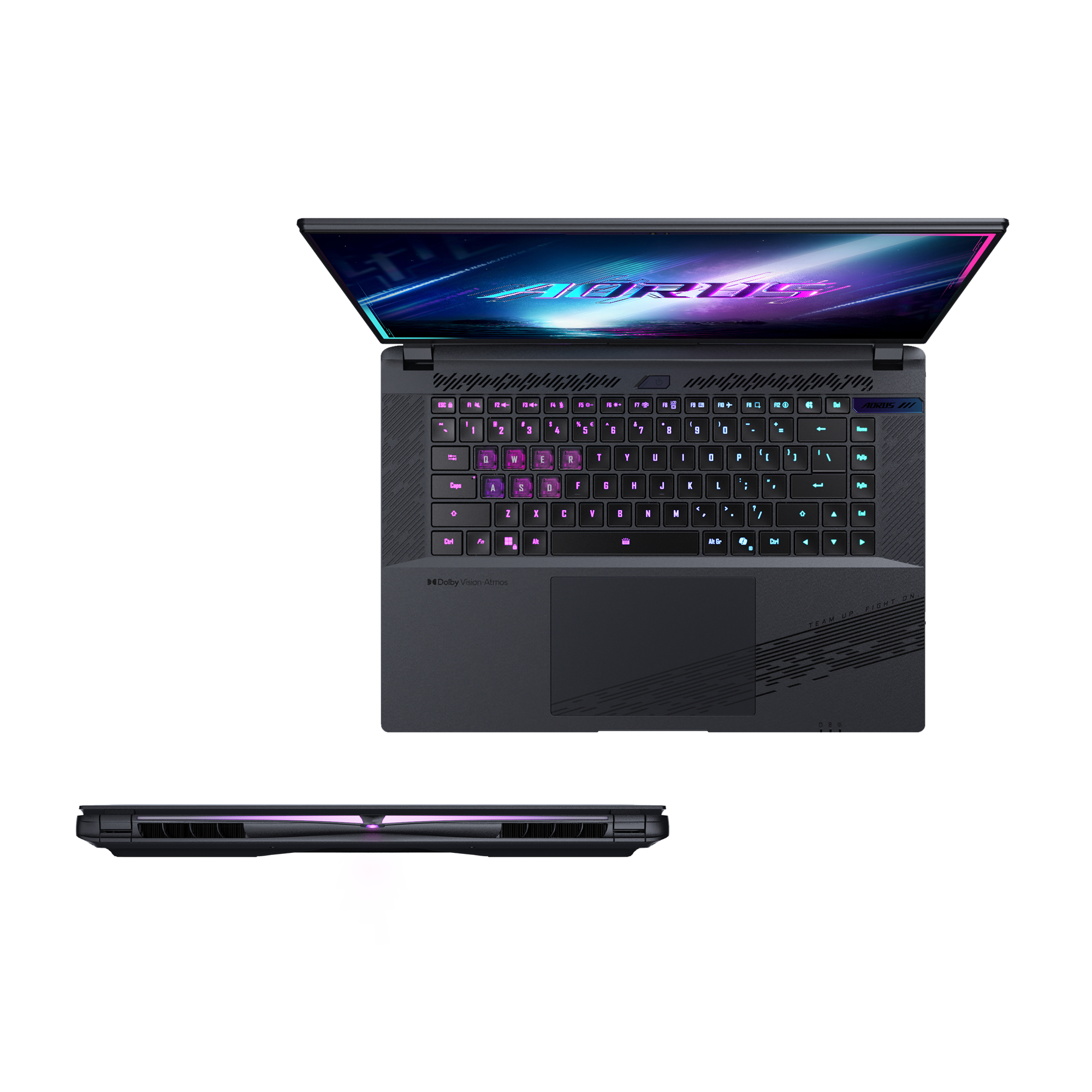 Un portátil negro abierto con teclado retroiluminado y logo AORUS.