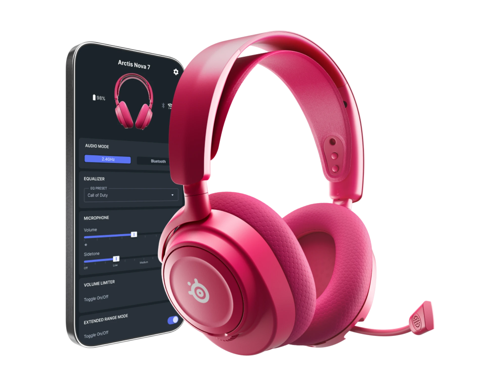 Unos auriculares rosas junto a un smartphone que muestra la app Arctis Nova 7.