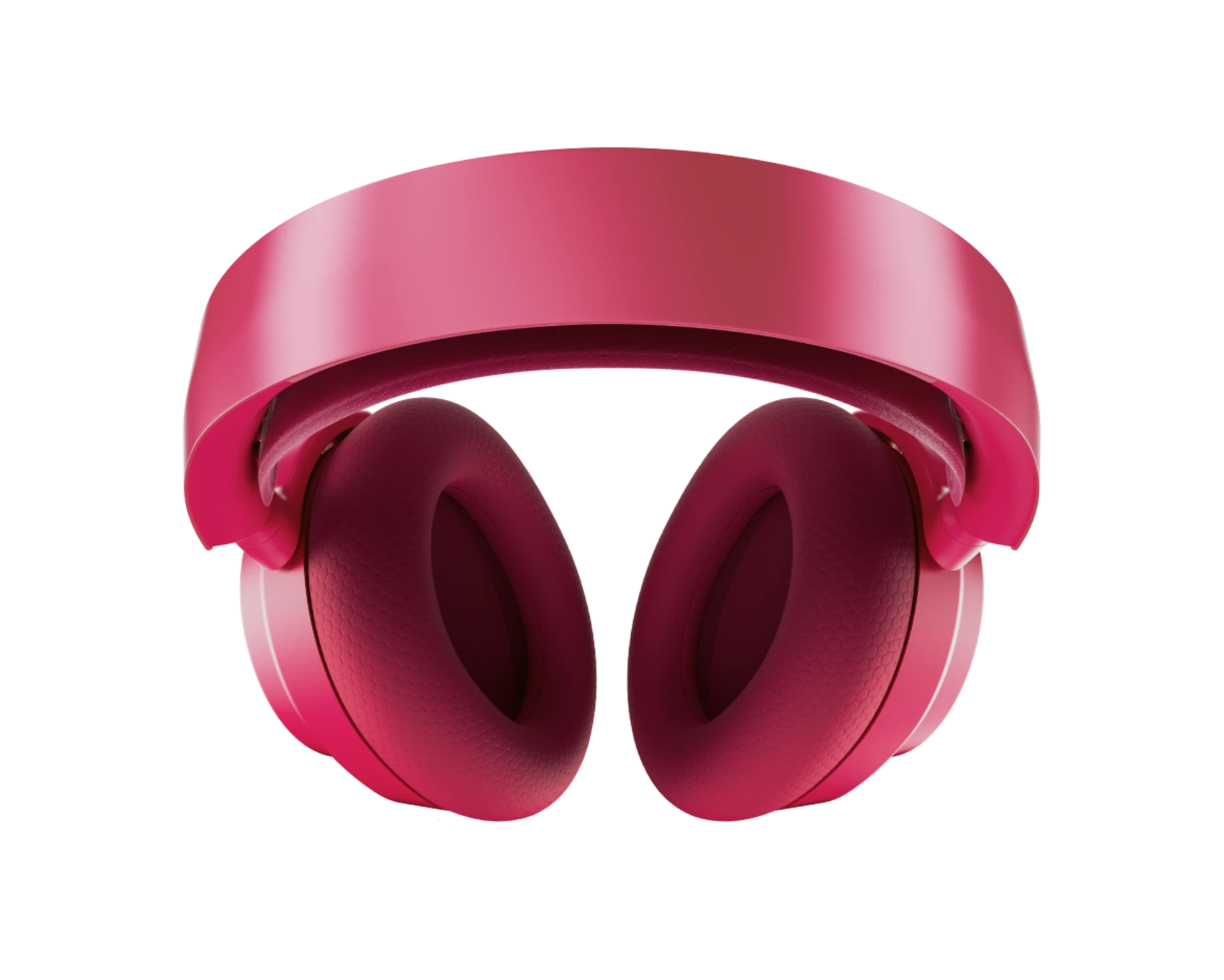 Unos auriculares de color rosa brillante con almohadillas acolchadas sobre fondo negro.