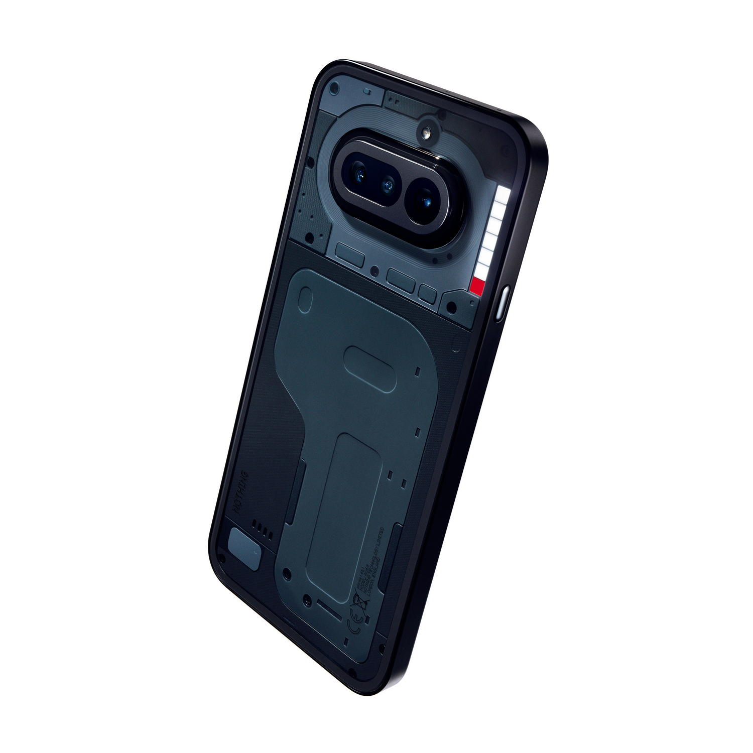 Parte trasera de un smartphone negro con carcasa transparente que muestra componentes internos.