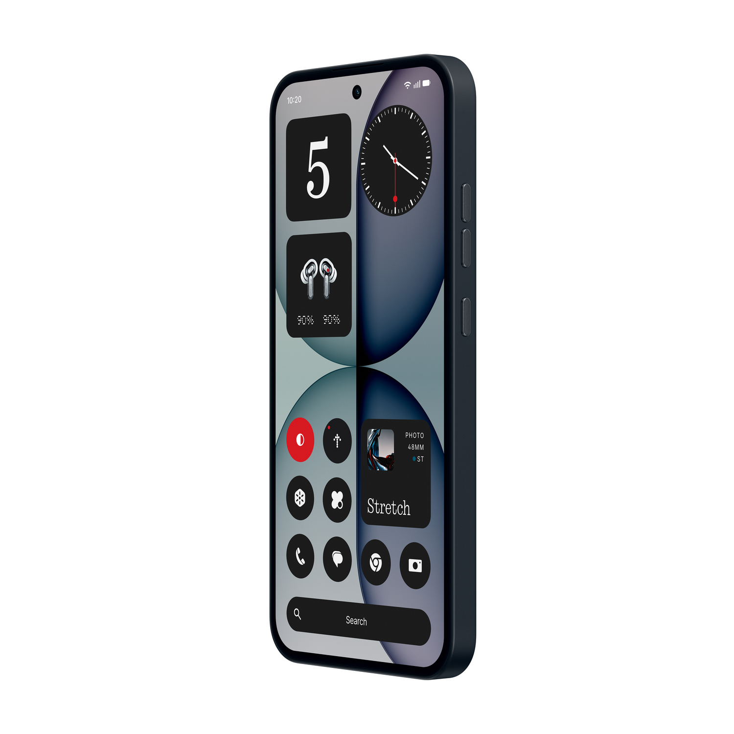 Teléfono inteligente oscuro mostrando widgets: reloj, número 5, auriculares, iconos y barra de búsqueda.