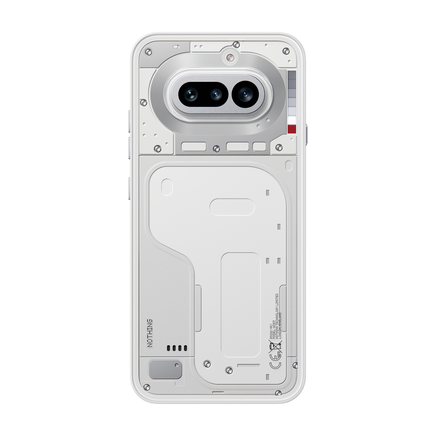 Parte trasera de un smartphone blanco mostrando hardware visible, cámaras duales y orificios de altavoz.