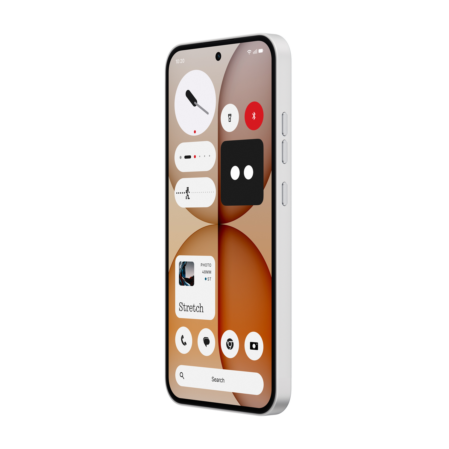 Un smartphone que muestra un fondo moderno con widgets en su pantalla.