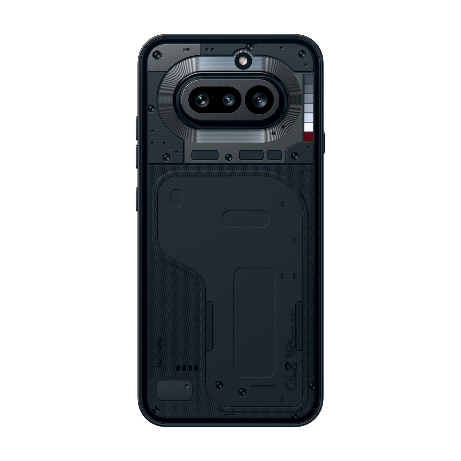 Smartphone negro con cámara dual, componentes internos visibles e indicadores LED.