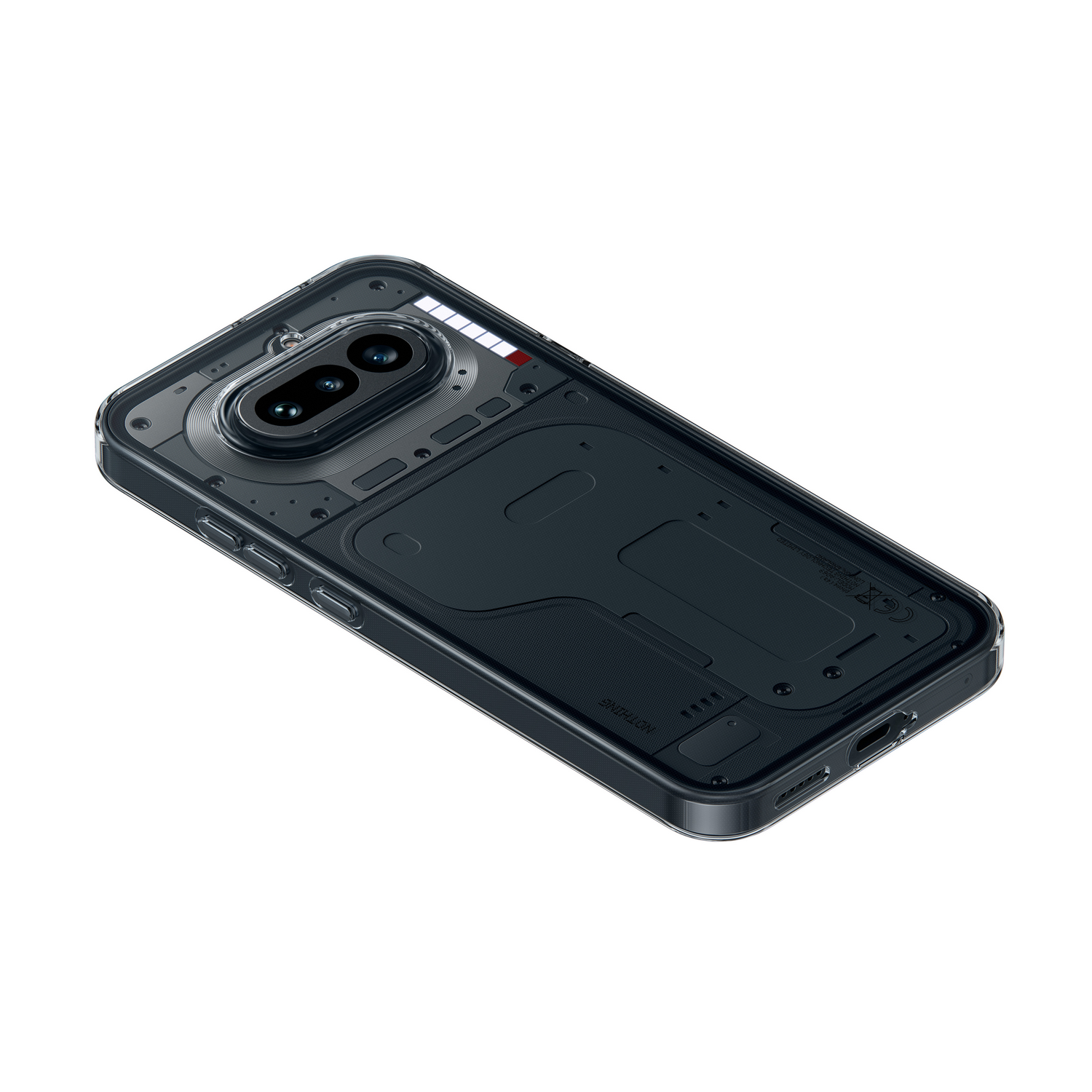 Funda transparente para teléfono con parte trasera negra y módulo de cámara visible.