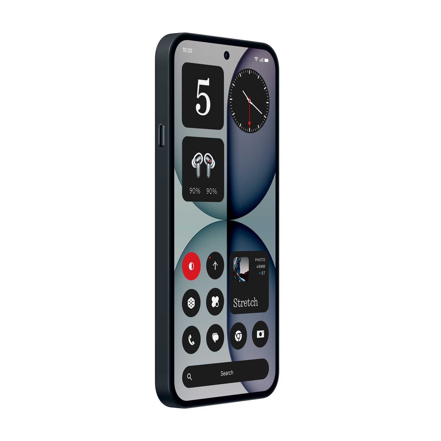 Smartphone mostrando widgets: reloj, número 5, auriculares e iconos de apps.