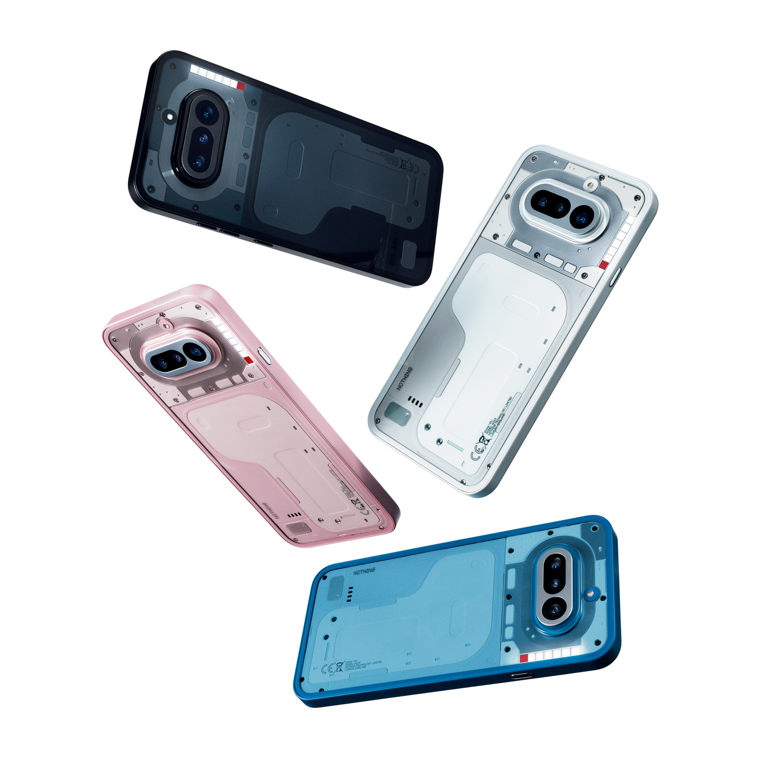 Cuatro teléfonos transparentes en negro, blanco, rosa y azul flotan.