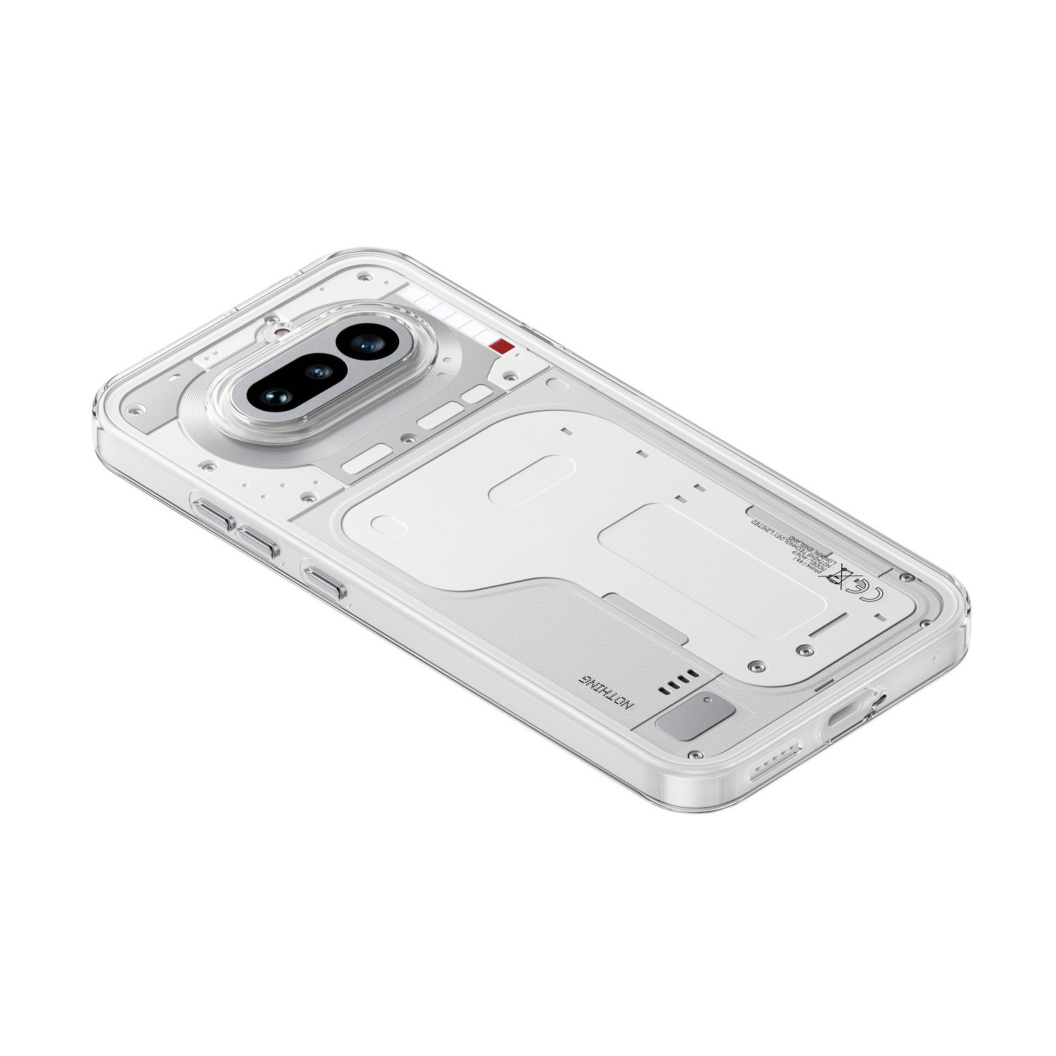Funda transparente para teléfono con detalles plateados y cámara visible.