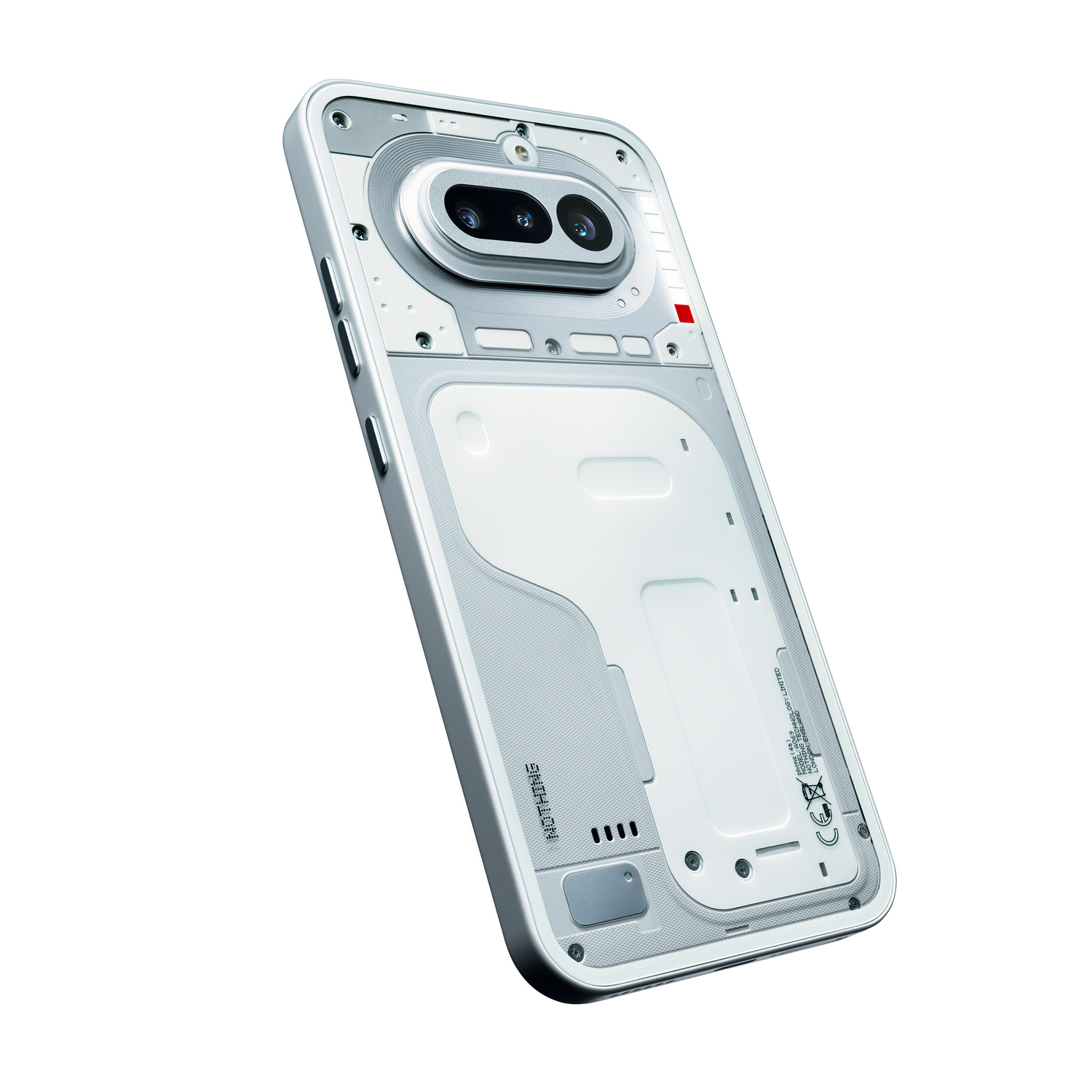 Parte trasera de un smartphone blanco mostrando componentes internos y dos cámaras.