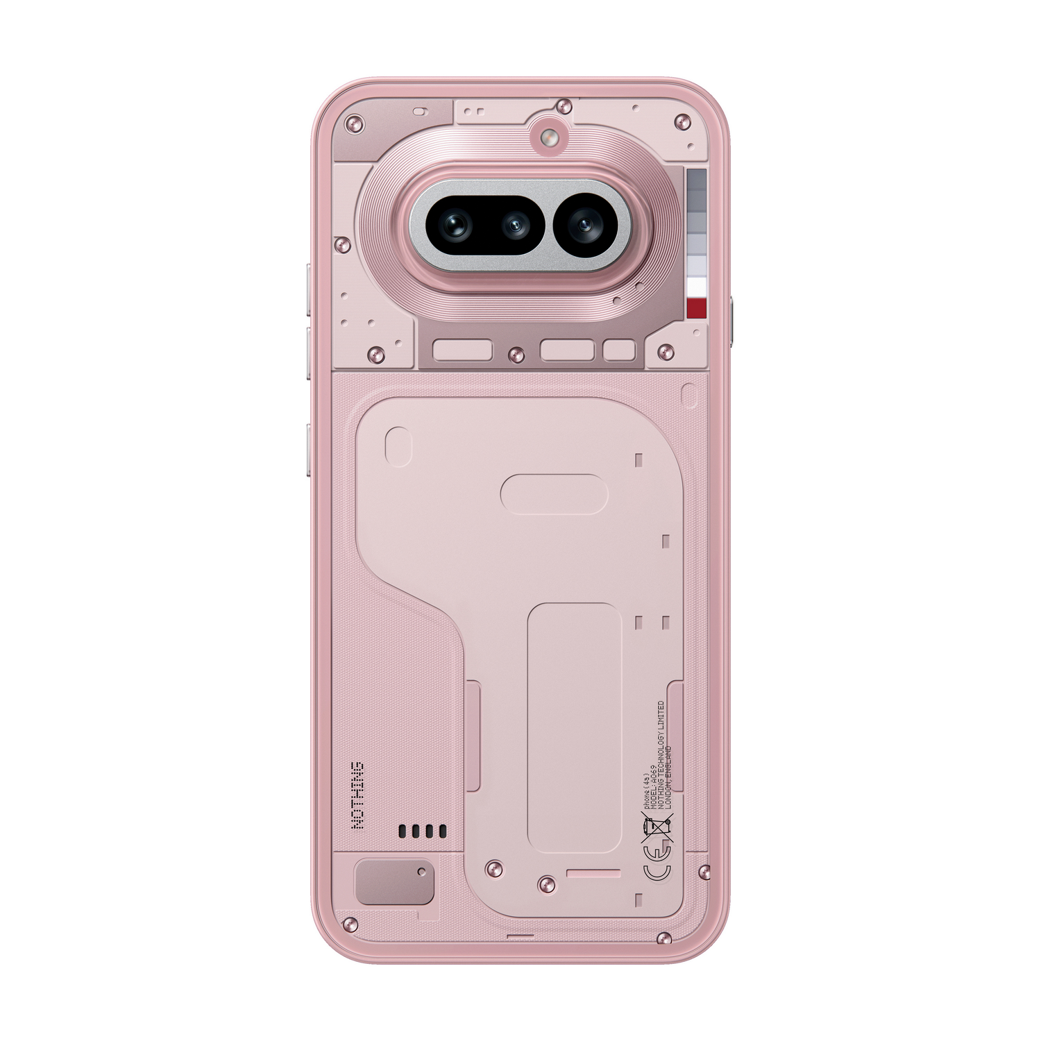 Respaldo de teléfono rosa con dos cámaras y tornillos visibles, mostrando detalles.