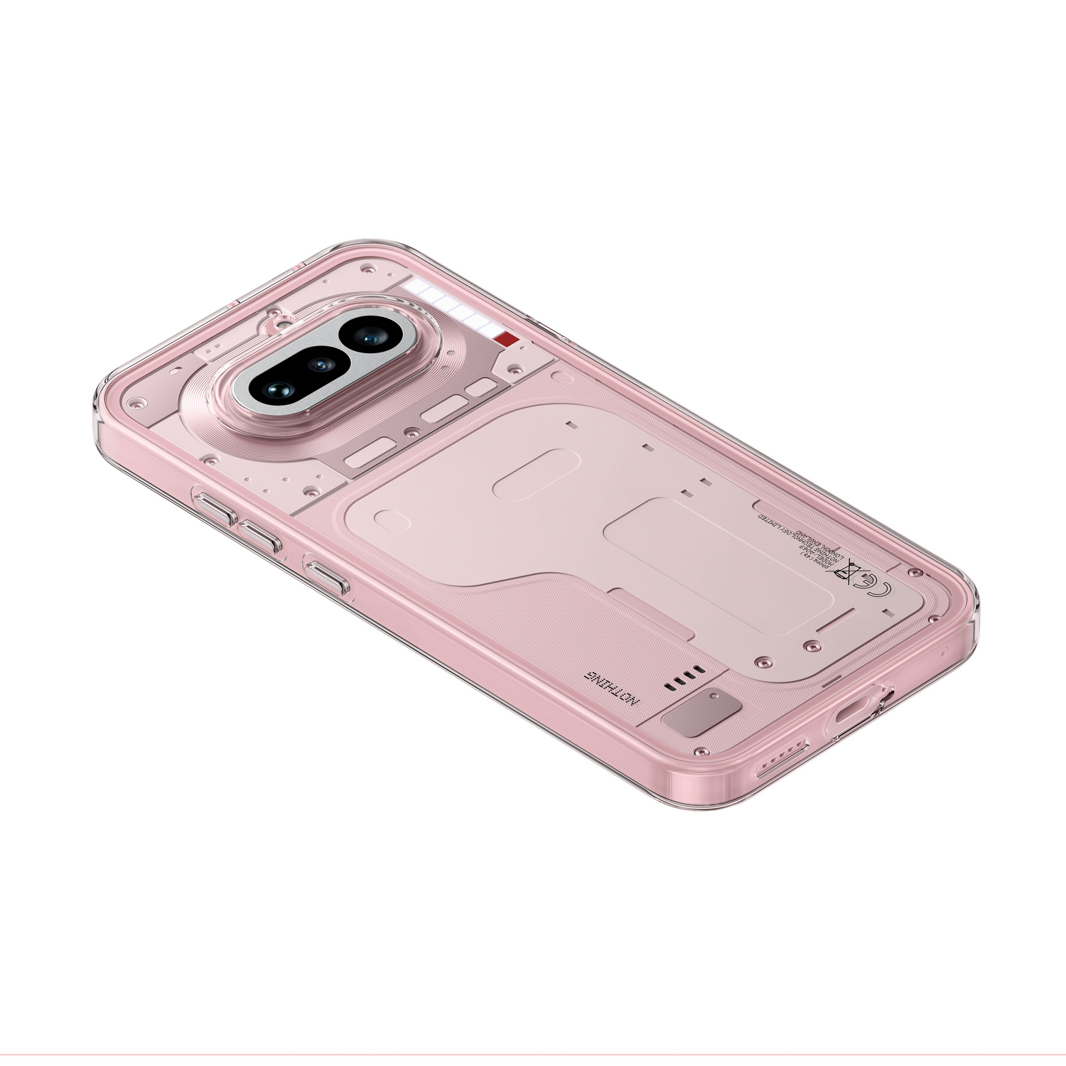 Una funda rosa para teléfono con carcasa transparente que revela componentes internos.