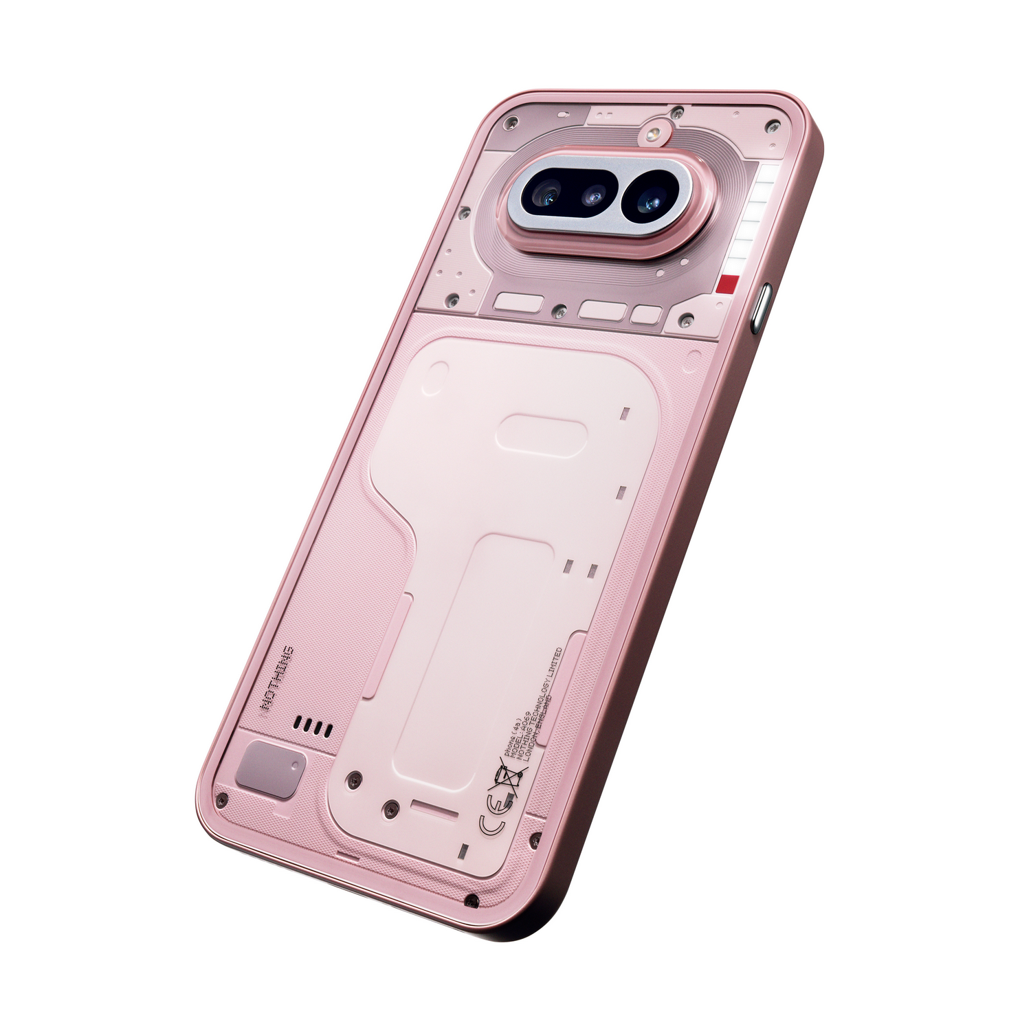 Un smartphone rosa con diseño transparente que muestra los componentes internos.