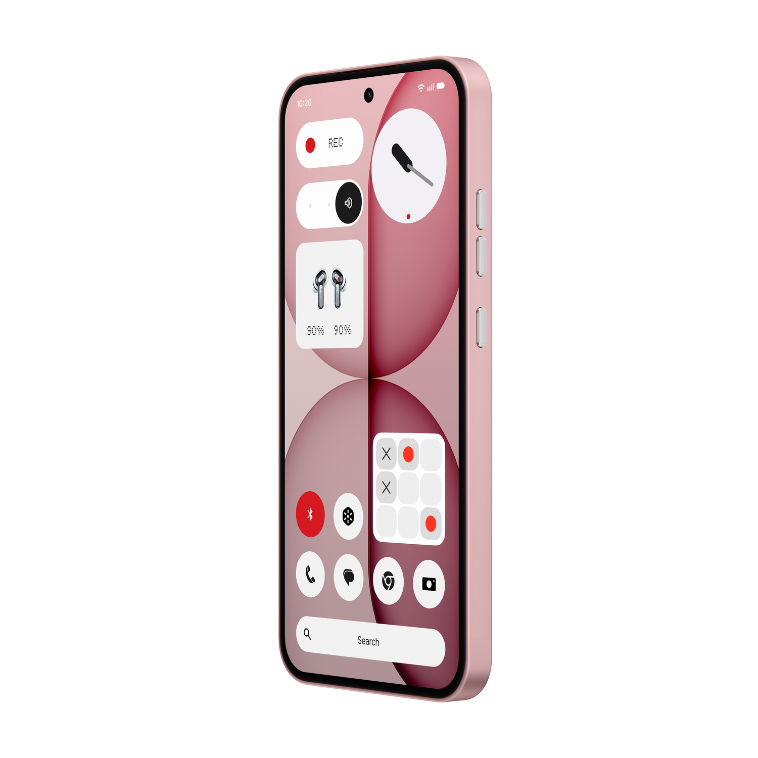 Un smartphone rosa que muestra una interfaz con iconos, una barra de búsqueda y un indicador de grabación.