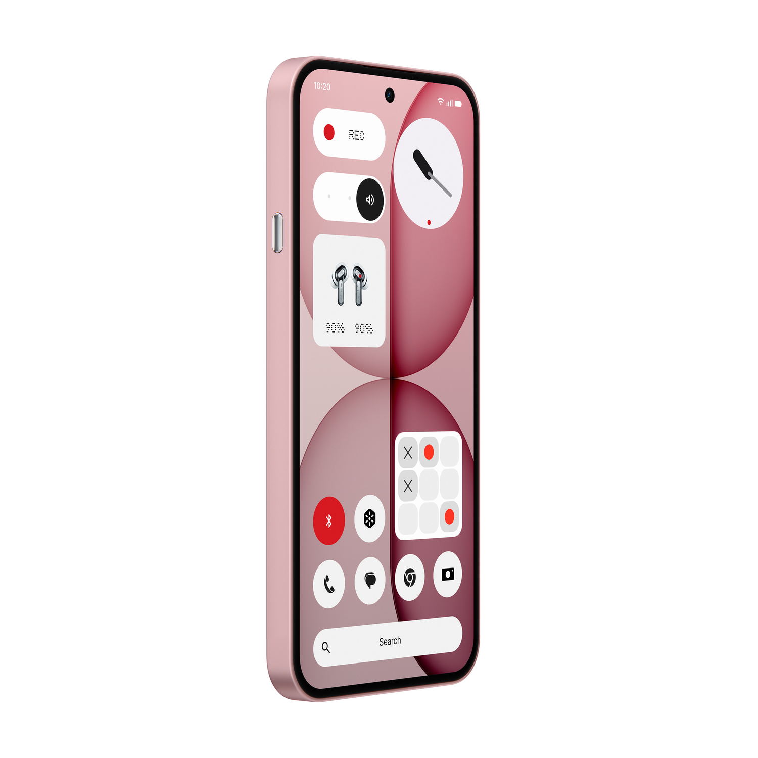 Un teléfono inteligente rosa que muestra una interfaz con botón de grabación e iconos de auriculares.