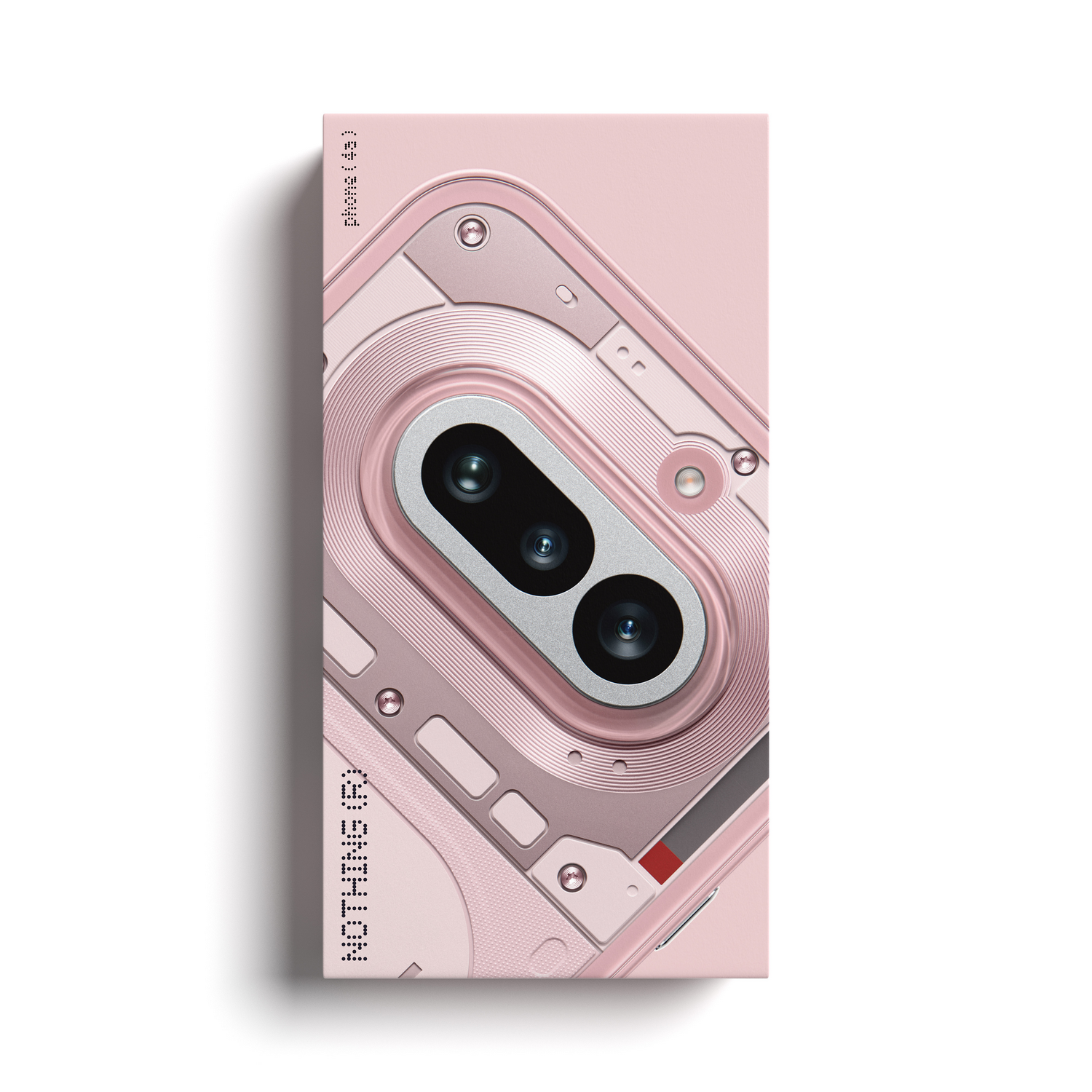Parte trasera rosa de un teléfono con un módulo de cámara prominente y tornillos visibles.