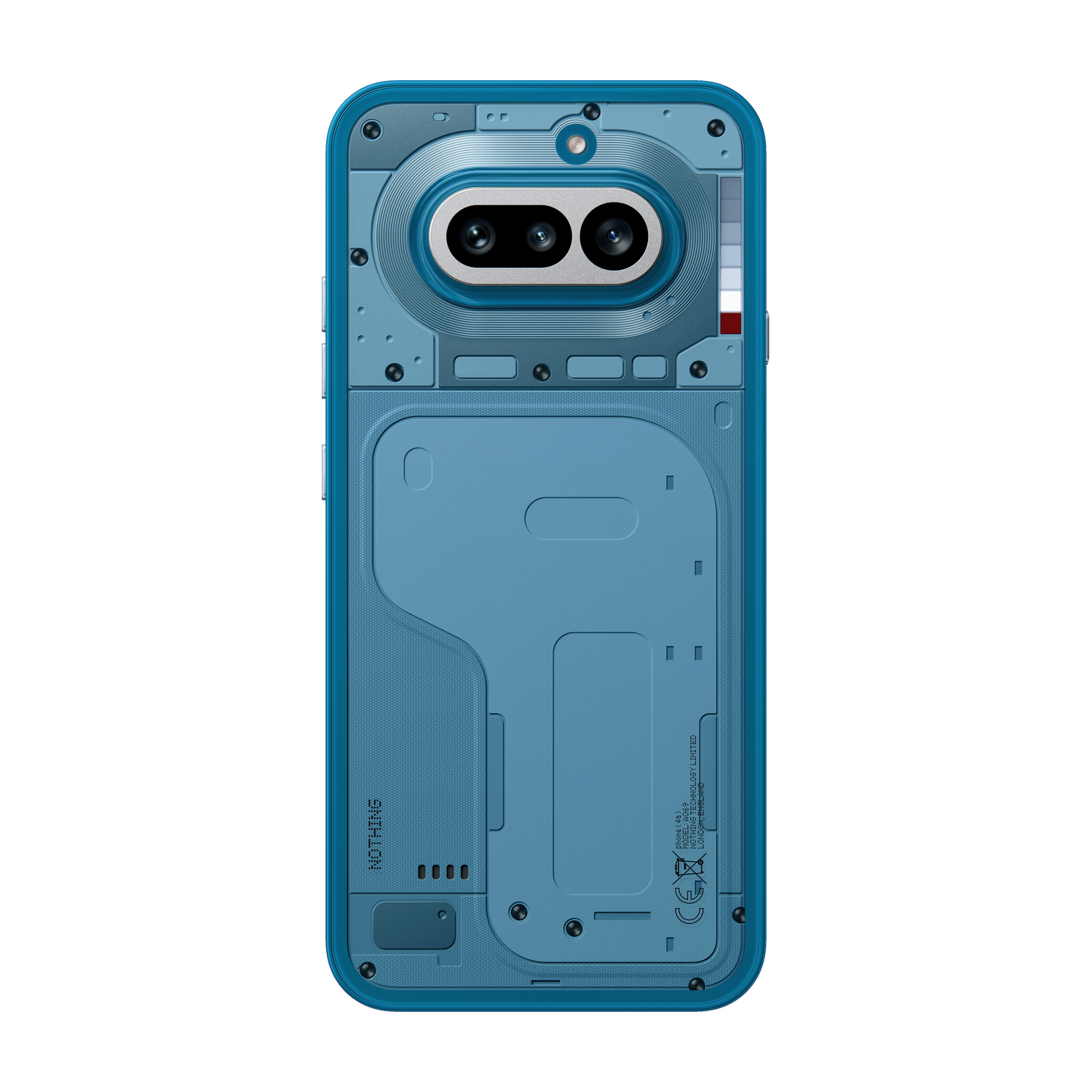 Funda azul para teléfono con cámara dual, parte trasera textu