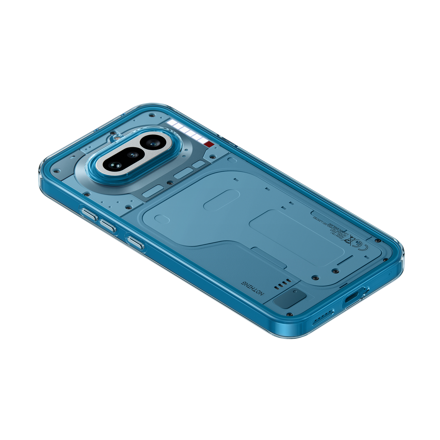 Funda azul transparente para teléfono con componentes internos y cámaras visibles.