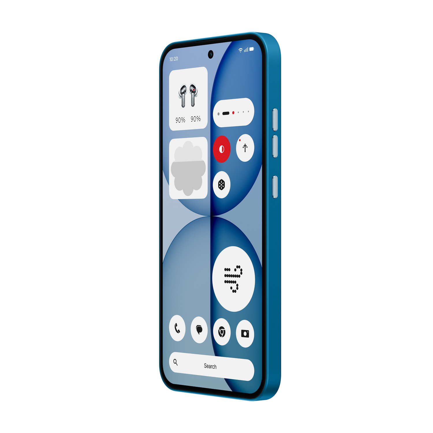 Teléfono inteligente azul mostrando audífonos, clima e íconos en pantalla.